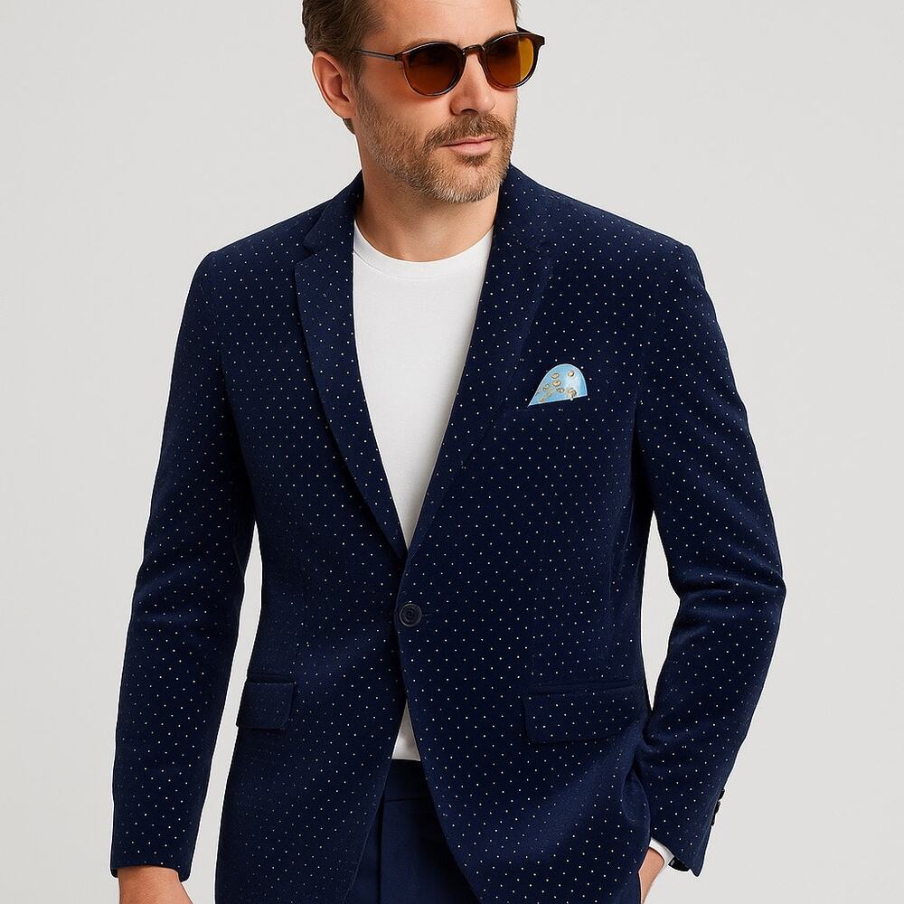 Samuel Windsor Navy Blue Suit Jacket Blazer Velvet Polka Dots 48 Quirky Fun